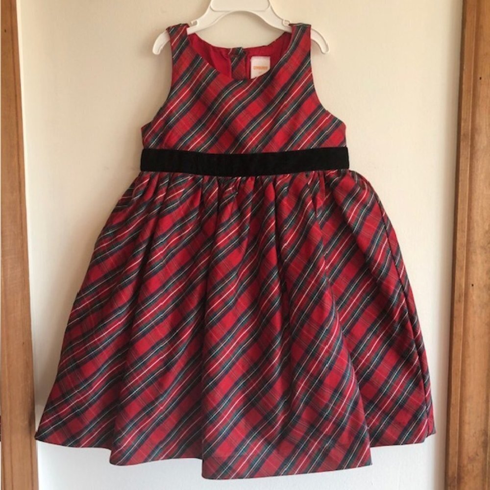 GYMBOREE Red Tartan Plaid Sleeveless Black Velvet Bow Dress 5T